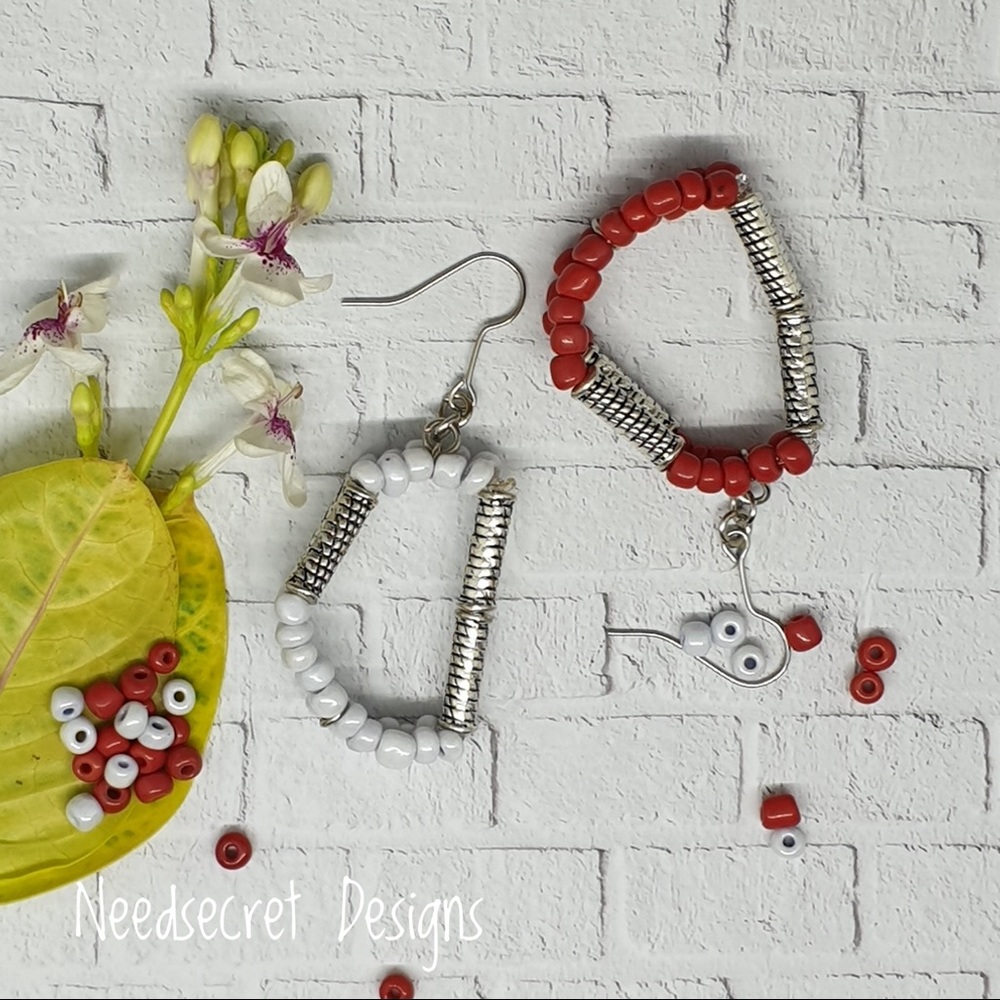 Red and White Beaded Style Dangle Earrings